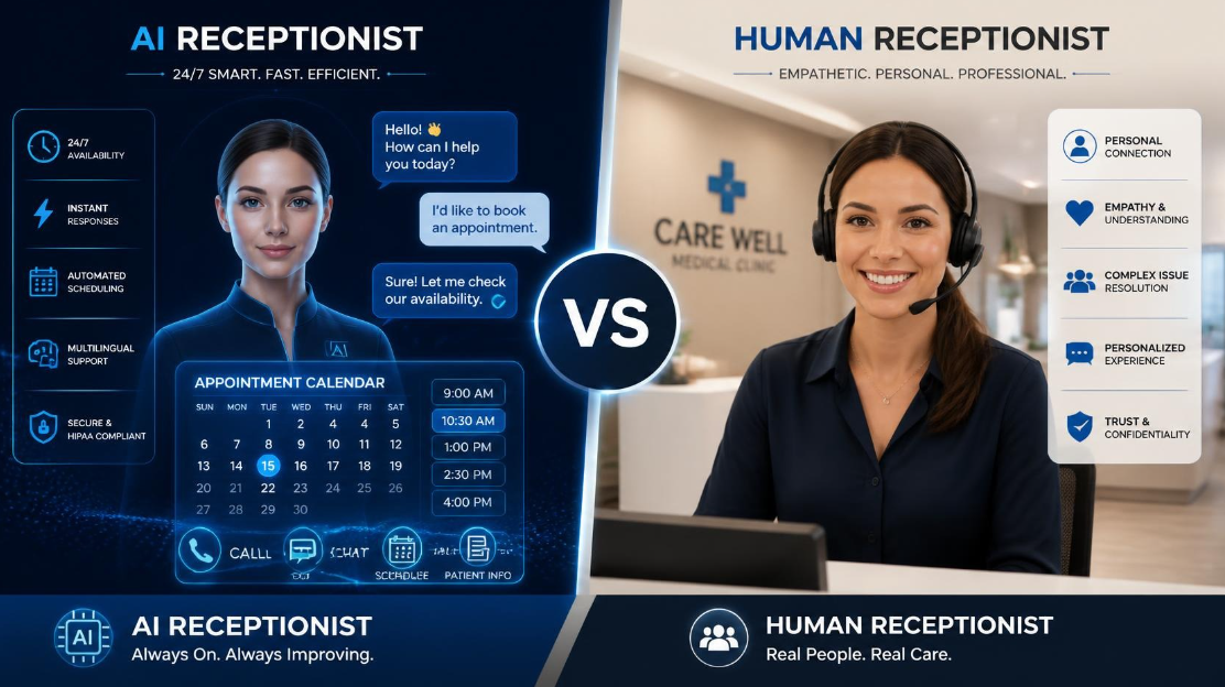 A hybrid clinic front desk where an AI receptionist handles routine calls while staff handle complex patient conversations